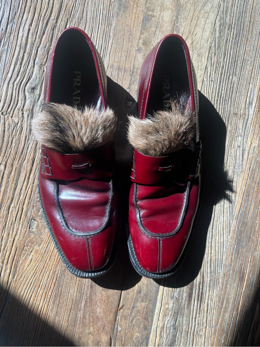 Prada Men's Wine Red Leather Fur-Trim Loafers